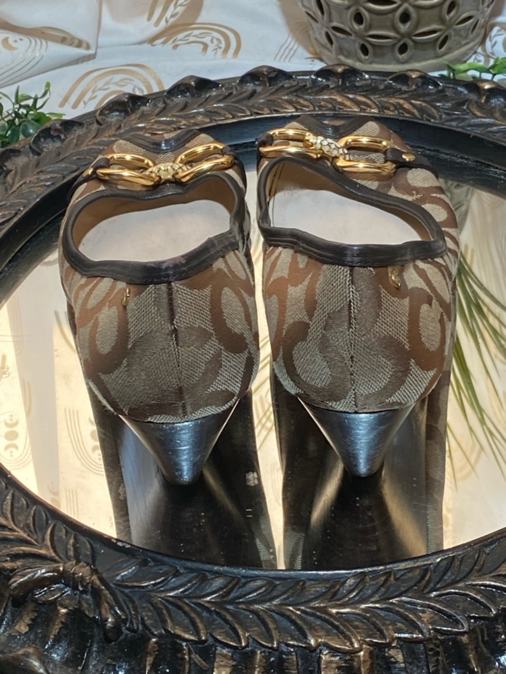 Coach Brown Signature Canvas Peep-Toe Heels with Gold Hardware - Picture 9 of 13